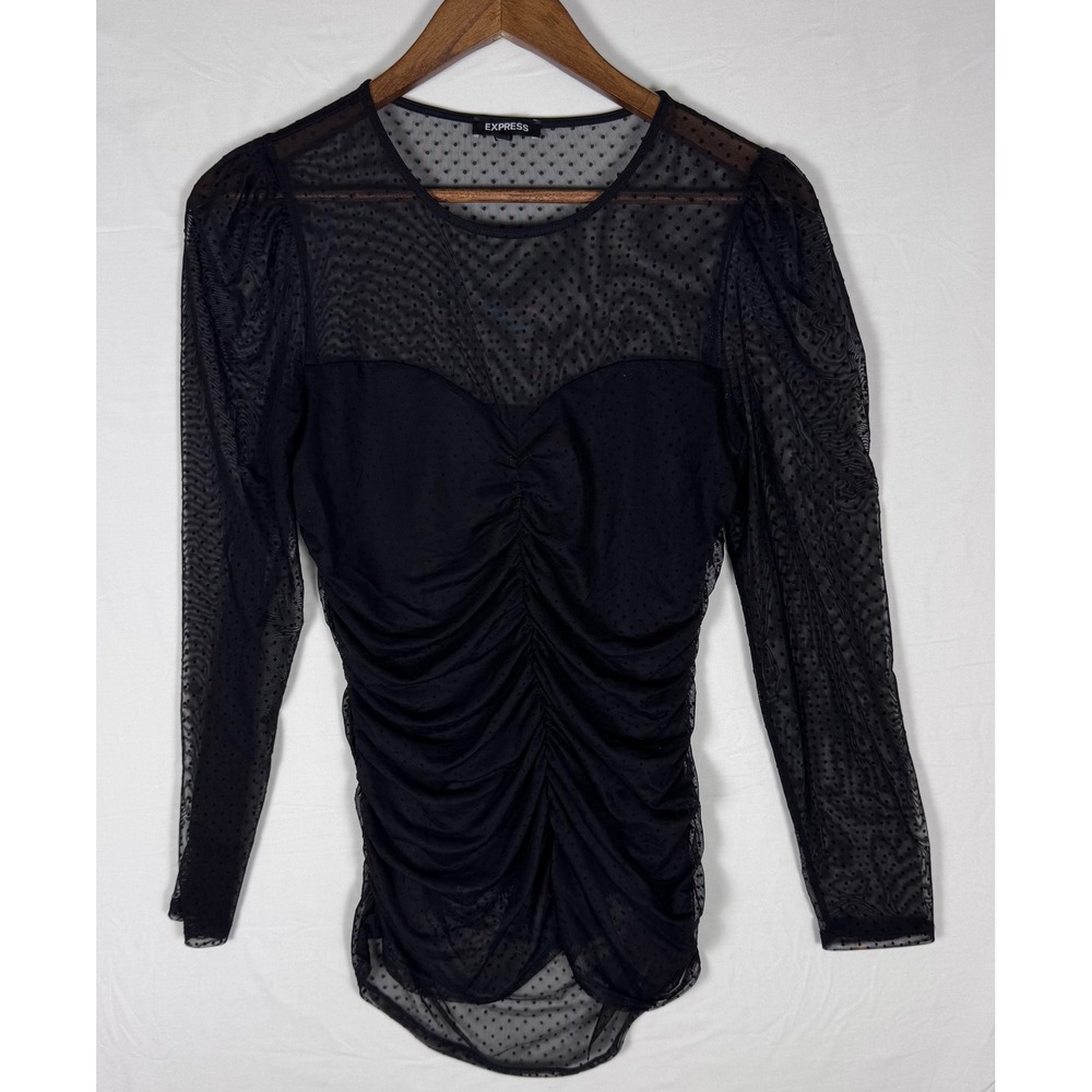 Express Black Swiss Dot Mesh Ruched Long Sleeve Sheer Top Medium